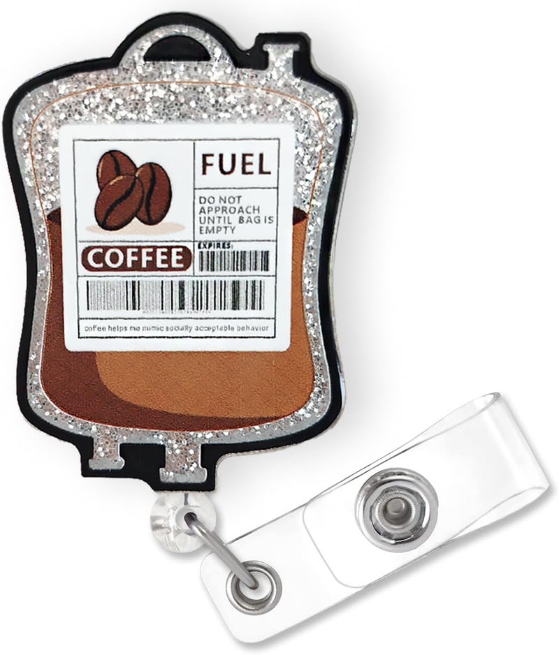 Bydevia Funny Coffee Fuel Glitter Badge Reel Retractable for Nurse Nursing RN CNA LPN Medical Worker & Office Staff | Cute Nurse Gifts, Coffee IV Bag Badge Holder with Alligator Clip & 24” Durable Nylon Cord - Image 1